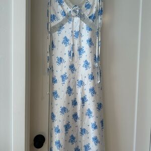 Rare London White Maxi Dress with Blue Floral Design